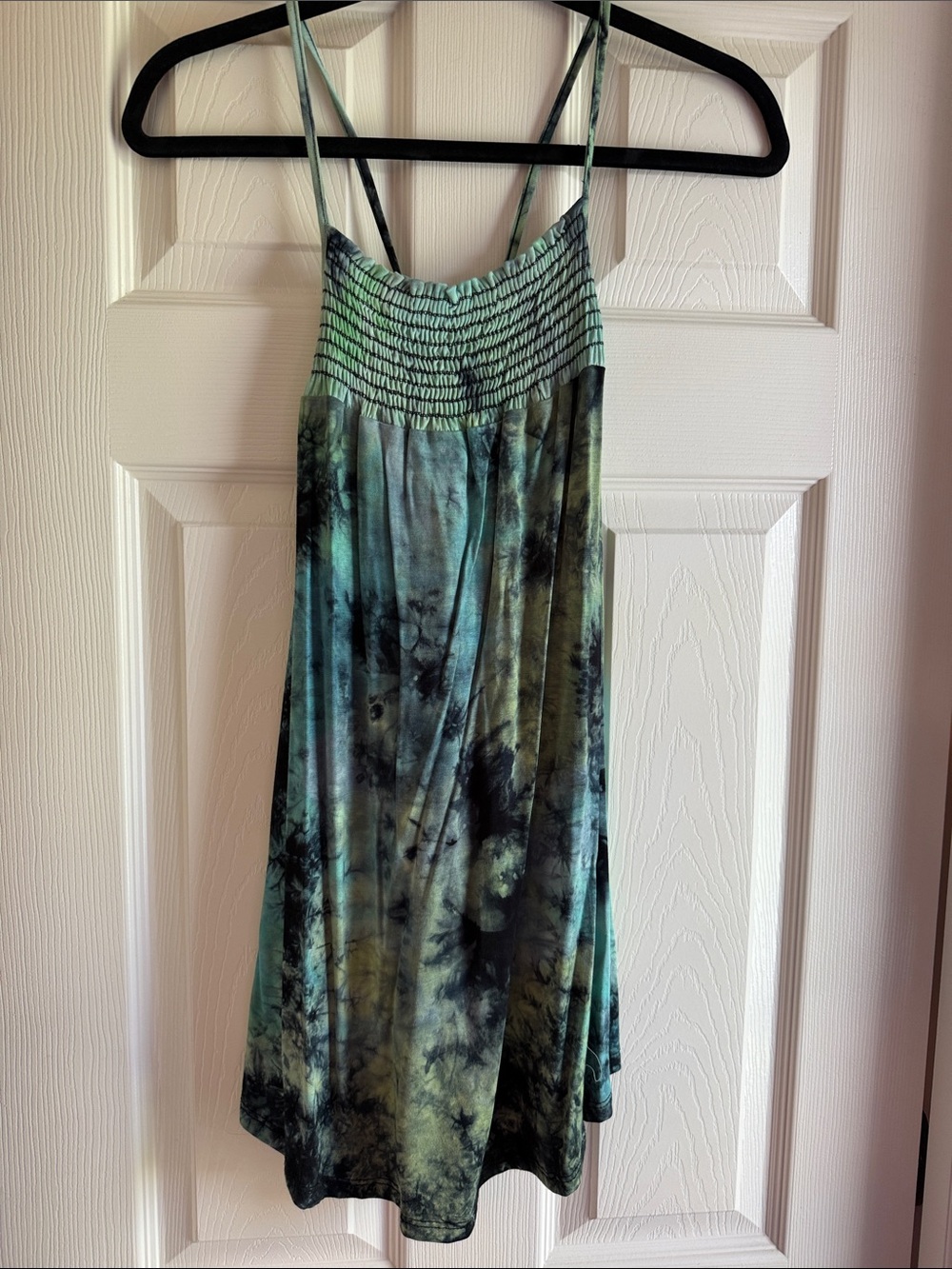 Smocked Tie-Dye Green Tank with Spaghetti Straps